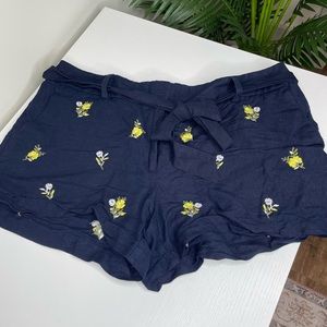 LOFT Navy Blue Linen Shorts with Flowers